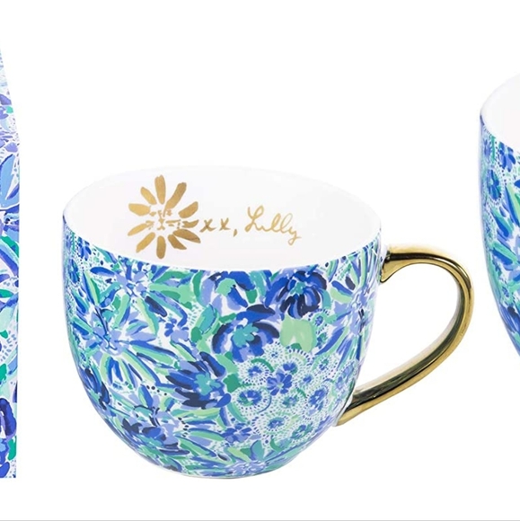 Lilly Pulitzer High Manetenance Ceramic Mugs Blue Lilly Print Set 2 - Picture 4 of 4